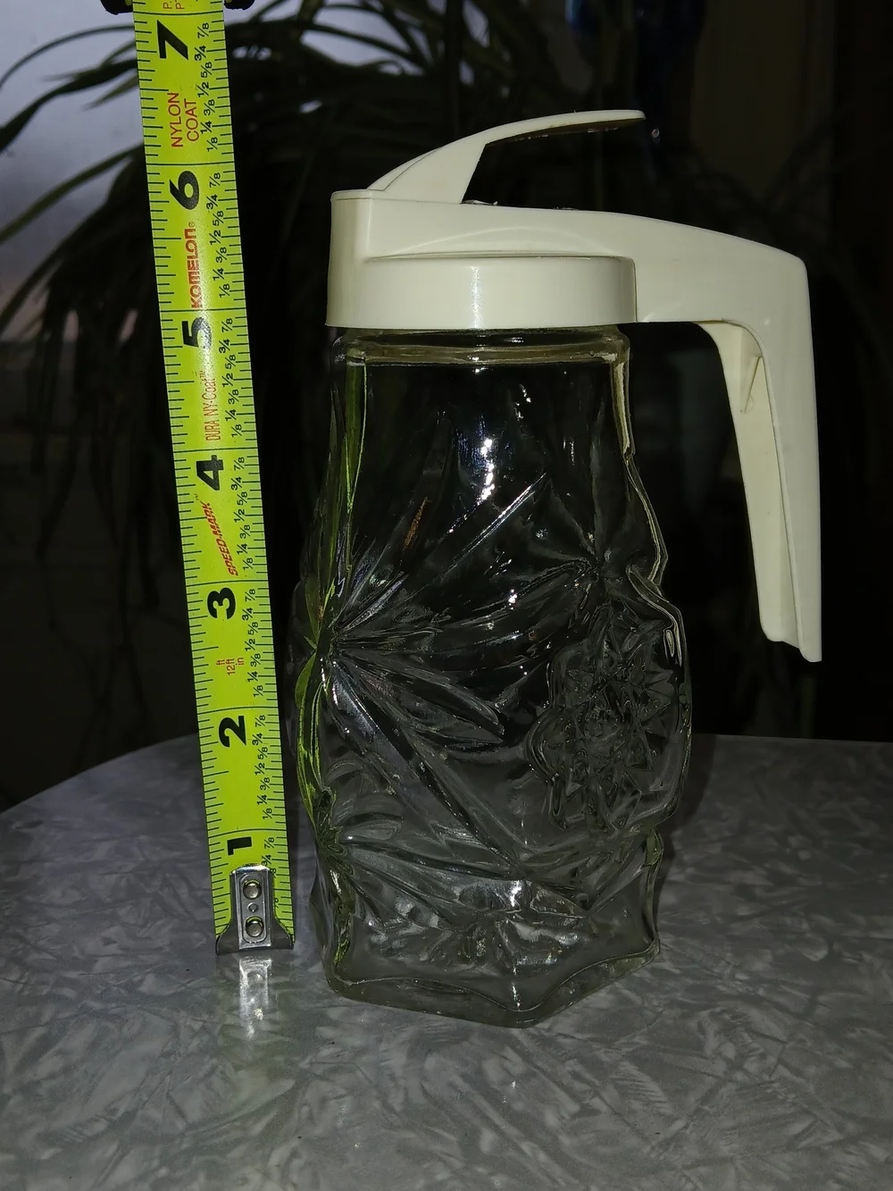 Vintage Clear Pressed Glass Syrup Pitcher with Cream Plastic Lid - Picture 1 of 5